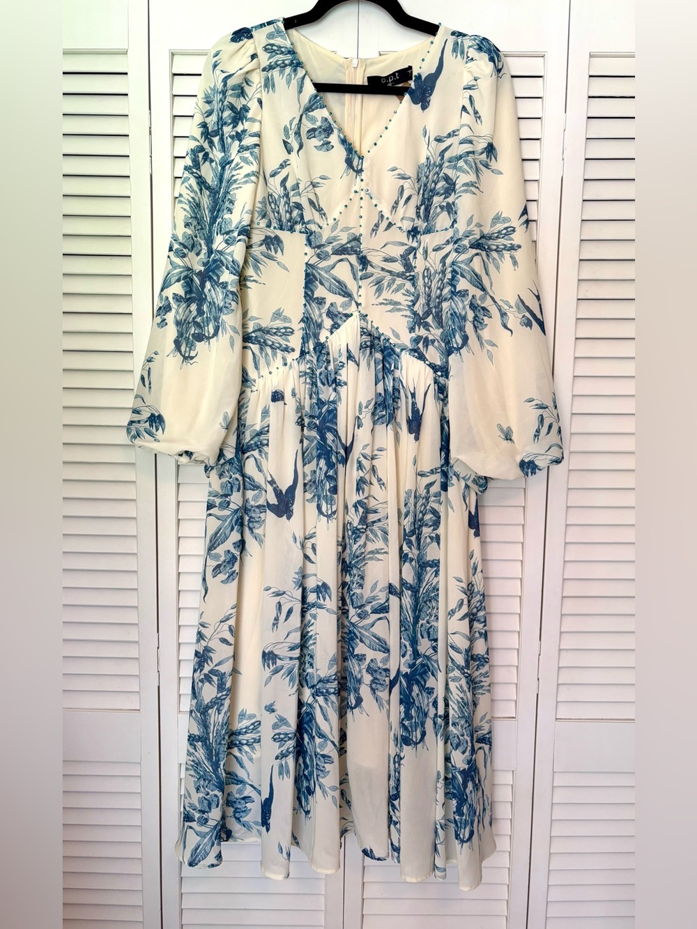 NWT O.P.T Abrielle Botanical Blue Empire Waist Lantern Sleeve Dress Small - Picture 8 of 10